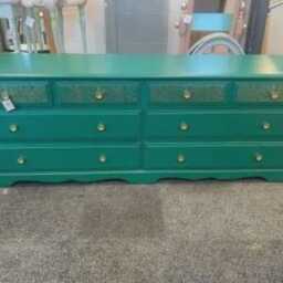 Large Painted Chest Of Drawers Merchant Teal Green Blue Gold Lace Floral Design Flower Handles