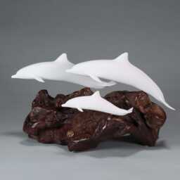 Dolphin Sculpture By John Perry Family 10 Inches Long On Polished Burlwood Base. Signed - thumbnail 4