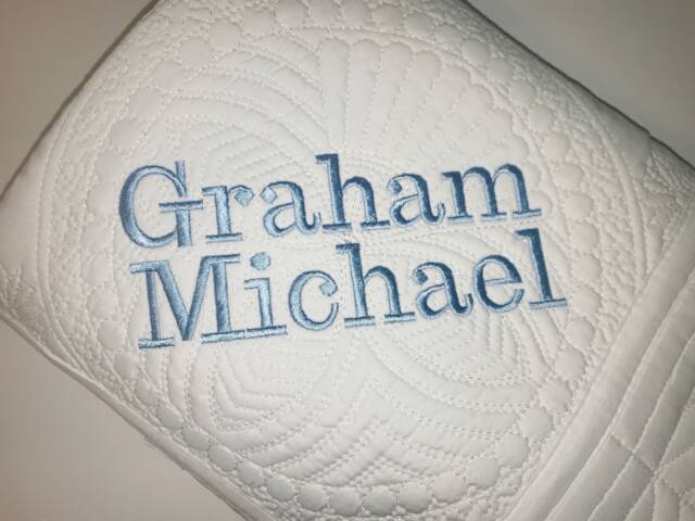 Personalized Baby Boy Name Heirloom Quilt Blanket in Block Font, Keepsake Blanket, Custom Embroidered Gift - image 1