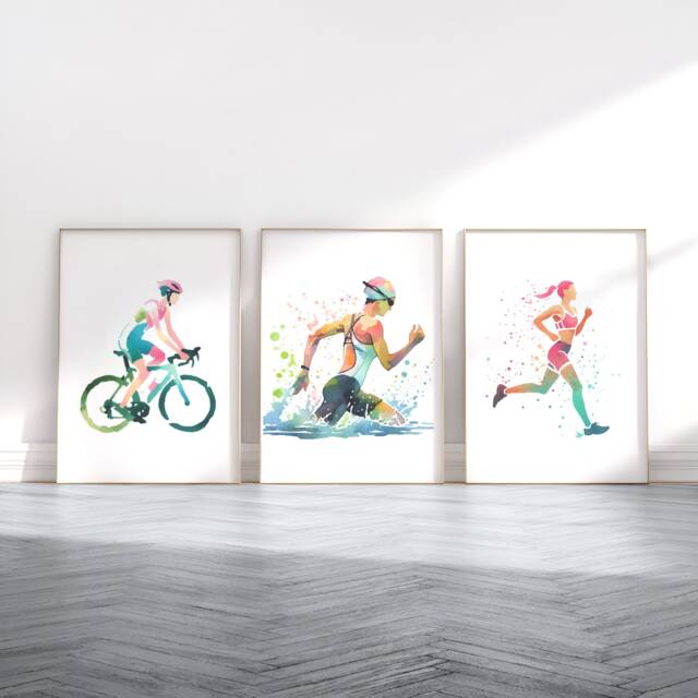 Womens Triathlon Print Set - 3 Posters - Wall Art Gifts Gift Swim, Cycle, Run Poster Triathlete Decor Athlete Artwork - image 1