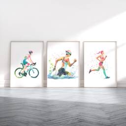 Womens Triathlon Print Set - 3 Posters - Wall Art Gifts Gift Swim, Cycle, Run Poster Triathlete Decor Athlete Artwork - thumbnail 1