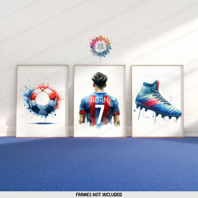 Custom Football Prints - Set Of 3 Posters - Boys Bedroom Decor Kids Wall Art Soccer Artwork Personalised Footballer Gifts Blue - image 1