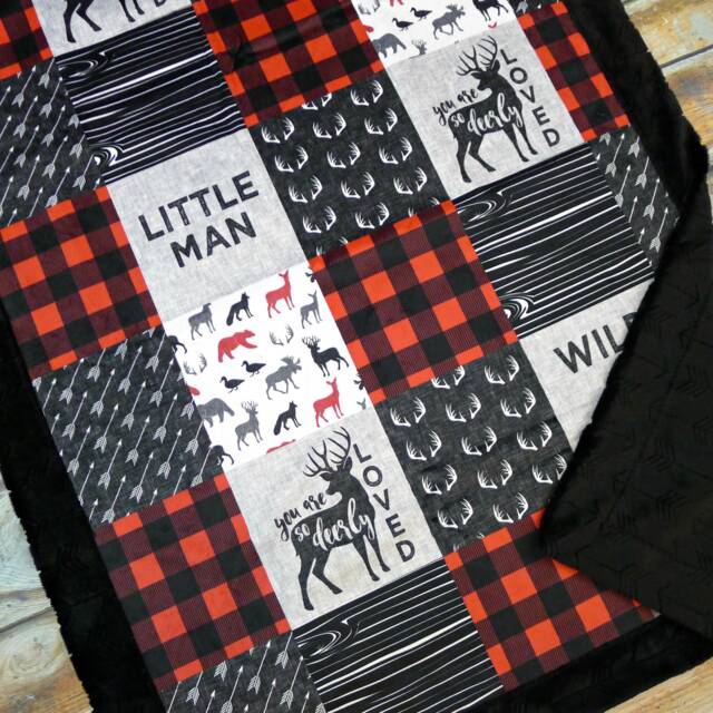 Little Man Minky Blanket - Buffalo Check Plaid Deer Buck Faux Quilt Lumberjack Baby Baby Boy - image 1