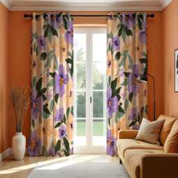 Peach & Purple Floral Curtains, Bold Botanical Print Drapes, Custom Made Window Panels, Vibrant Living Room Decor