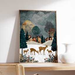 Winter Deer Landscape Art Print, Rustic Christmas Wall Art, Snowy Woodland Scene Poster, Cozy Cabin Decor, Scandinavian Holiday Print - thumbnail 2