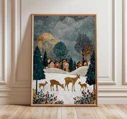 Winter Deer Landscape Art Print, Rustic Christmas Wall Art, Snowy Woodland Scene Poster, Cozy Cabin Decor, Scandinavian Holiday Print - thumbnail 1