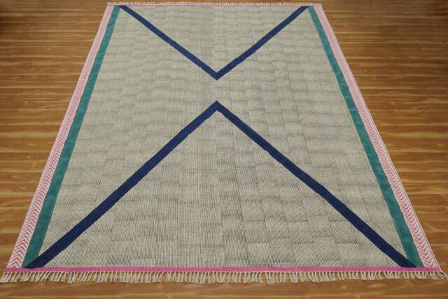 Hand Woven Cotton Rug Blue Geometric Block Print - image 1