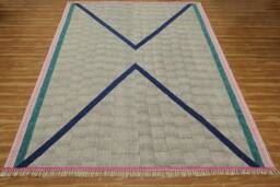 Hand Woven Cotton Rug Blue Geometric Block Print - thumbnail 1