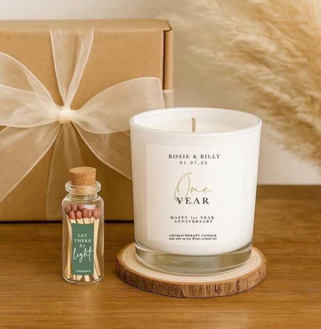 Personalised 1st Anniversary Candle Gift Set - Natural Soy Wax Aromatherapy - Includes Matches, Coaster - image 1