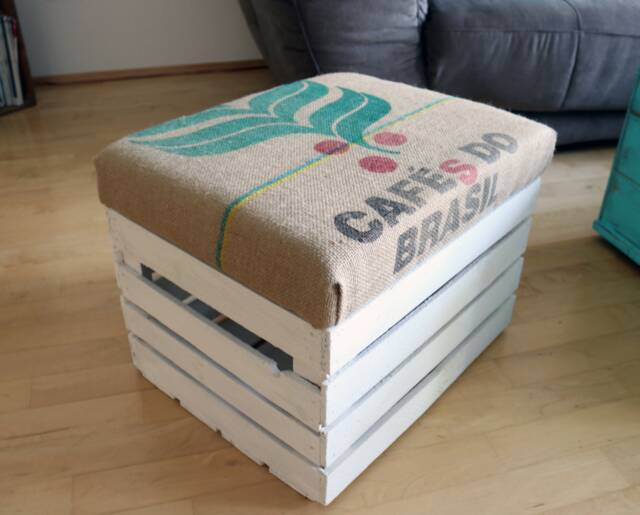 Vintage Stool Fruit Box With Coffee Sack Seat Rustic Wooden Box Original Coffee Sack Stool Jute Upholstery Chest Gift For Housewarming - image 1