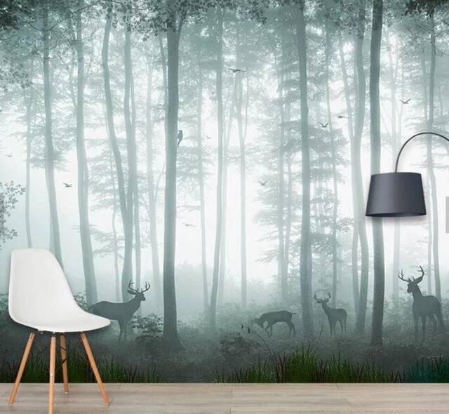 Elk Forest Wallpaper Mural, Misty Scenery Wall Art - Peel & Stick - image 1