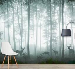 Elk Forest Wallpaper Mural, Misty Scenery Wall Art - Peel & Stick - thumbnail 1