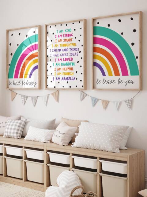 Set Of 3, Girls Bedroom Prints, Positive Affirmation Rainbow Wall Art, Positive, Motivational, Nursery Prints - image 1