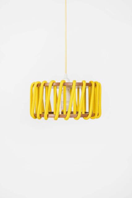 Minimalist Yellow Pendant Lamp Wood Detail Lampshade, Diameter 30cm - image 1