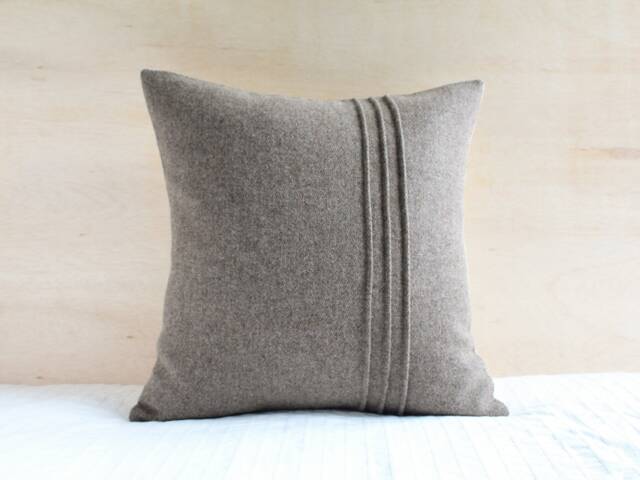 Tan Wool Pillow Cover With Stitching Detail, Light Brown Square By True Having - Made To Order - image 1