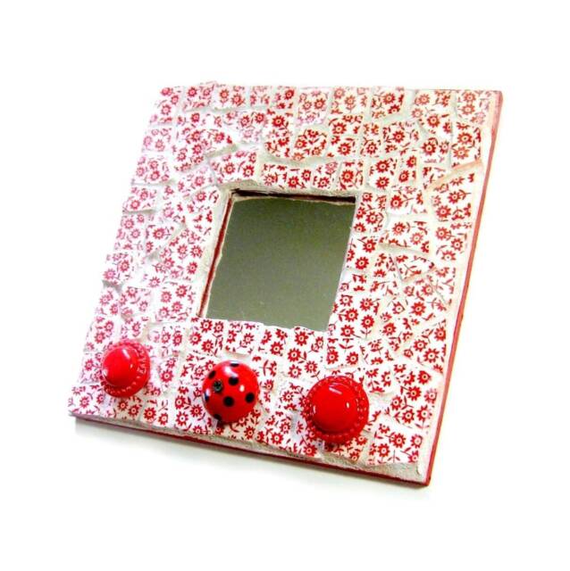 Handmade Mosaic Mirror Hat Rack - Red Floral Ceramic Knobs Wall Hooks - image 1