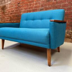 Teal Blue Woven 2-Seat Sofa Mid-Century Modern, Danish Inspired - thumbnail 3