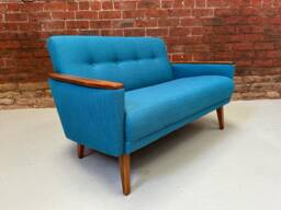 Teal Blue Woven 2-Seat Sofa Mid-Century Modern, Danish Inspired - thumbnail 1