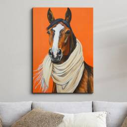 Horse Wearing Beige Scarf Framed Poster Print & Canvas Wall Decor Art Oil Painting Bedroom Home Living Room Funny Animal Lover Gift - thumbnail 1
