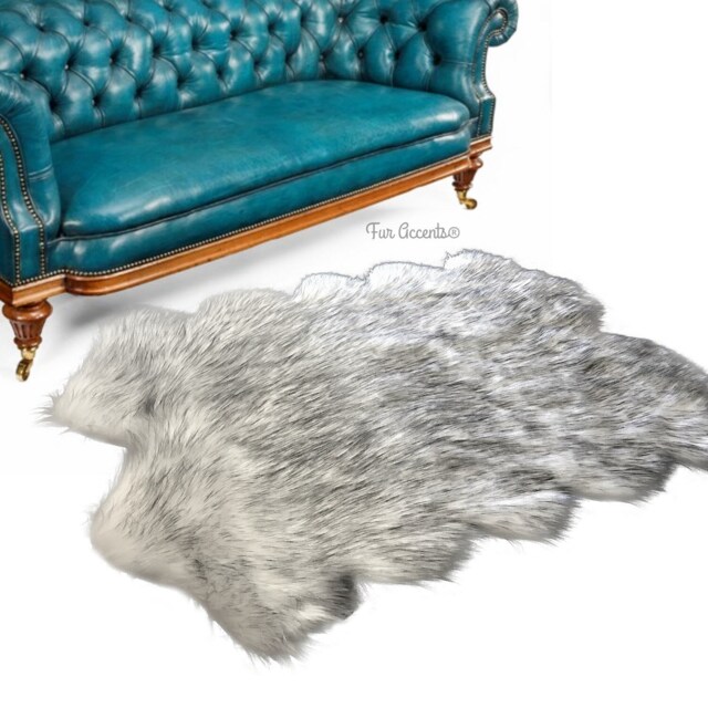 Faux Fur Sheepskin Rug - White With Black Tips, Shaggy Pelt Shape - image 1