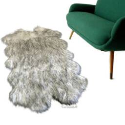 Faux Fur Sheepskin Rug - White With Black Tips, Shaggy Pelt Shape - thumbnail 2