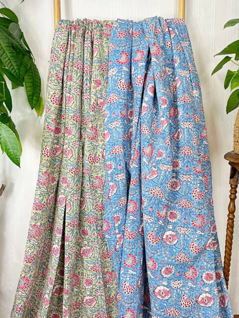 Kantha Stitch Pure Cotton Reversible Bed/Sofa Throw King Size - Handmade Handprinted Floral Dohar Pastel Blue Green Pink Garden Petals - image 1