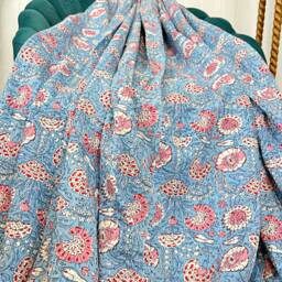 Kantha Stitch Pure Cotton Reversible Bed/Sofa Throw King Size - Handmade Handprinted Floral Dohar Pastel Blue Green Pink Garden Petals - thumbnail 3
