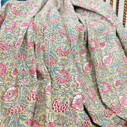 Kantha Stitch Pure Cotton Reversible Bed/Sofa Throw King Size - Handmade Handprinted Floral Dohar Pastel Blue Green Pink Garden Petals - thumbnail 2