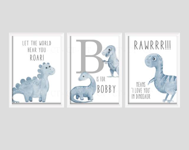 Blue Dinosaur Boys A4 Or A3 Bedroom Nursery Set Of 3 Unframed Prints Grey Dino