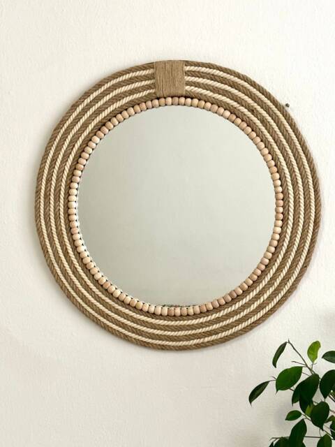 Boho Jute Rope Mirror With Wood Beads, Round Wall Decor - image 1