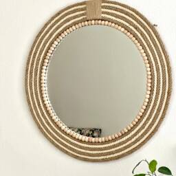 Boho Jute Rope Mirror With Wood Beads, Round Wall Decor - thumbnail 3