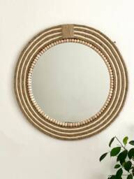 Boho Jute Rope Mirror With Wood Beads, Round Wall Decor - thumbnail 1