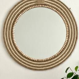 Boho Jute Rope Mirror With Wood Beads, Round Wall Decor - thumbnail 4