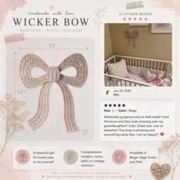 Wicker Bow Wall Decor, Boho Nursery Decoration, Beige Pink Sage Green - thumbnail 2