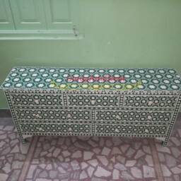 Handmade Green Bone Inlay Geometric Pattern Chest Of 7 Drawers Dresser Cabinet - thumbnail 4