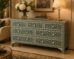 Handmade Green Bone Inlay Geometric Pattern Chest Of 7 Drawers Dresser Cabinet - thumbnail 1