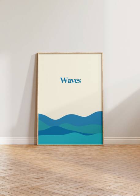 Waves Print Poster, Blue Ocean Print, Retro Typographic Sea Surfer Gift, Art - image 1