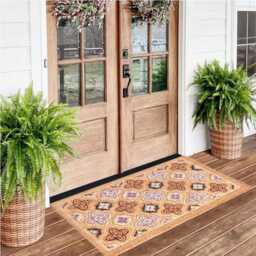 Large Embossed Coir Doormat 45 X 75cm Quatrefoil Print Natural Coconut Dirt Trapper Non-Slip Mat - thumbnail 3