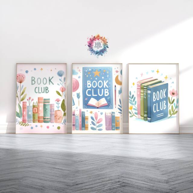 Book Club Print Set - Of 3 Posters - Watercolour Reading Design Home Library Decor Bedroom Wall Art Books Lover Bookish Gift - image 1