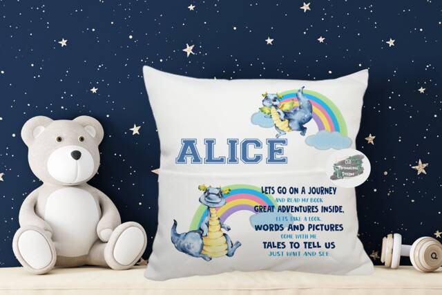 Personalised Kids Pocket Book Cushion, Dragon Storytime Pillow, Nursery Decor - image 1