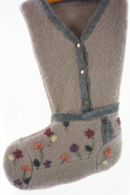 Christmas Stocking Wool Felt Sag Harbor Ooak Embroidery Flowers Floral Brown Taupe Grey Green Gold Burgundy Recycled Repurposed 912 - image 1