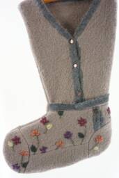 Christmas Stocking Wool Felt Sag Harbor Ooak Embroidery Flowers Floral Brown Taupe Grey Green Gold Burgundy Recycled Repurposed 912 - thumbnail 1