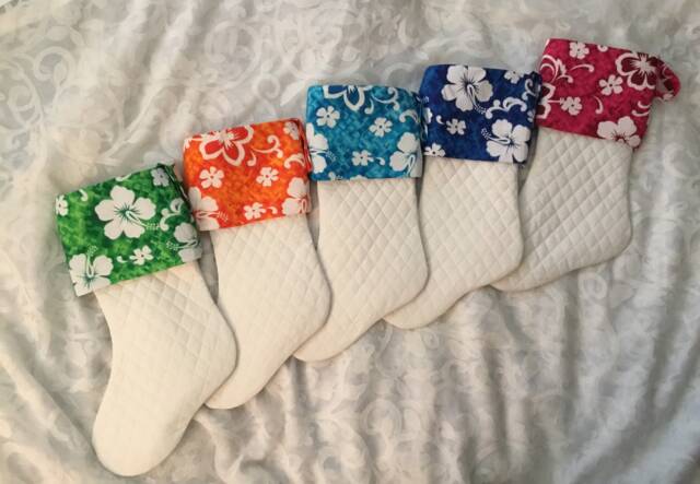 Quilted Christmas Stocking With Hibiscus Print Cuff - Coastal Decor - image 1