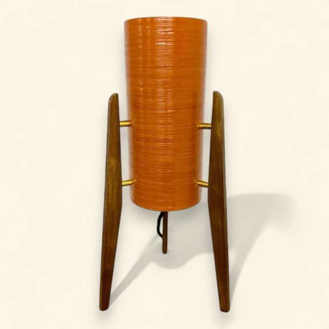 Mid Century Modern Rocket Lamp Tangerine Fiberglass Shade, Teak Legs - image 1