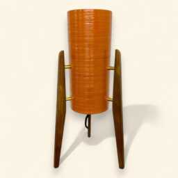 Mid Century Modern Rocket Lamp Tangerine Fiberglass Shade, Teak Legs - thumbnail 1