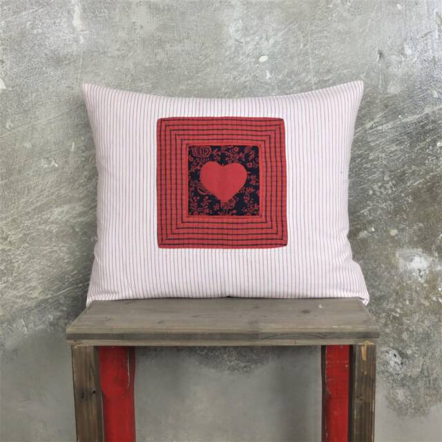 New Cushion Made From Vintage Fabrics, 50 X 40 cm, With A Red Heart in The Middle - image 1