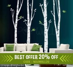 Birch Trees Wall Decal With Birds Decals Sticker Vinyl Art Decor - thumbnail 1
