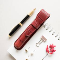 Cherry Leather Pen Case For Woman, Luxury Fountain Her, Crocodile Pouch, Single Dark Red, Desk Accessories - thumbnail 3