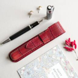 Cherry Leather Pen Case For Woman, Luxury Fountain Her, Crocodile Pouch, Single Dark Red, Desk Accessories