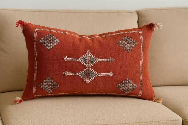 Moroccan Sabra Silk Pillow - Handwoven Cactus Cushion Cover With Berber Symbols Orange Boho Decor - image 1